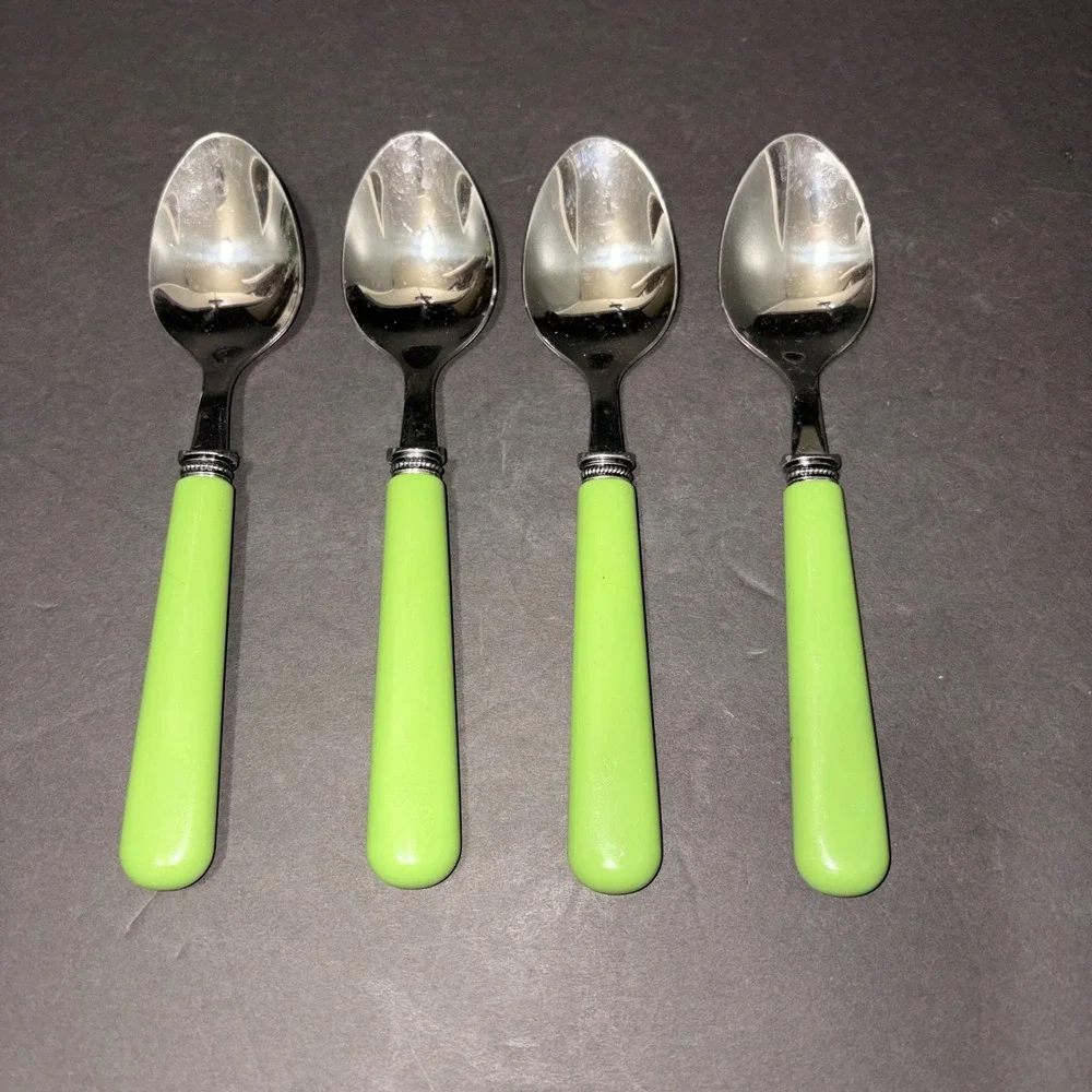 Set/4 Light Green Resin Handle Stainless Steel Spoons Beaded Bolster 7.75